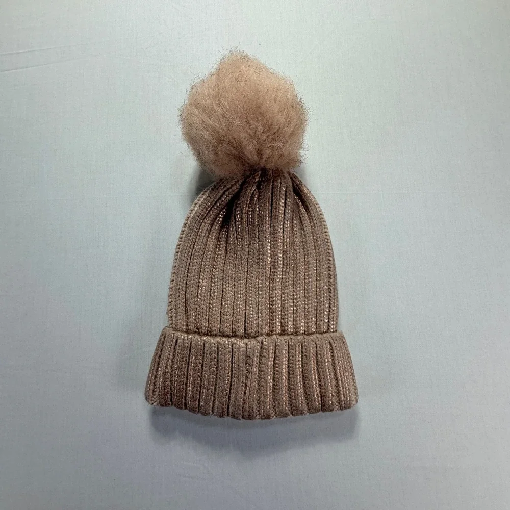 Britt's‎ Knits Beanie Hat Rose Gold Metallic Ribbed Pom Pom